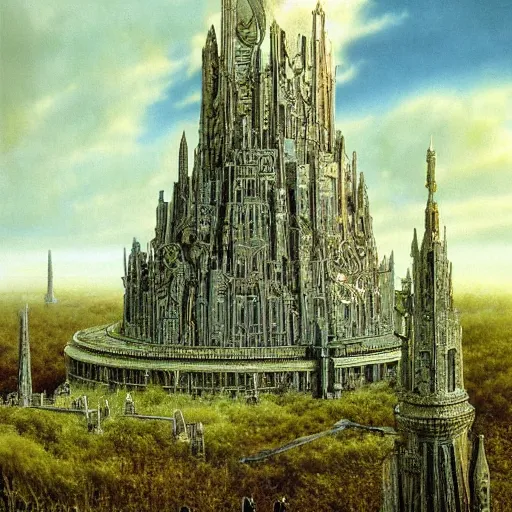 Image similar to ornate by ted nasmith children's illustration. a beautiful kinetic sculpture. i was born in a house with a million rooms, built on a small, airless world on the edge of an empire of light & commerce.