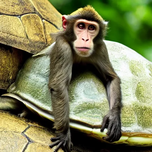 Image similar to a monkey sitting on the back of a turtle