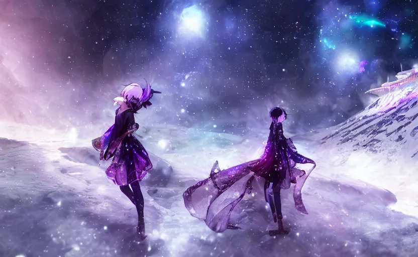 Prompt: beautiful Himalayan sci-fi princess with purple cat-eyes, silver and black hair split, glowing crystals on the ground, somber, scene of a blizzard on the mountain overlooking a futuristic village, 8k hdr pixiv dslr photo by Makoto Shinkai and Wojtek Fus, 3d realisitc anime, final fantasy 14 style