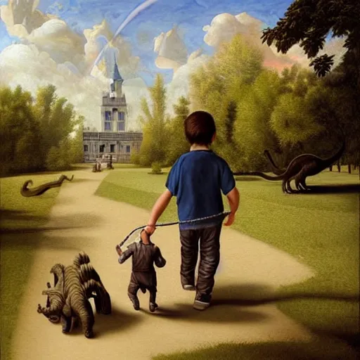 Image similar to a kid at the park walking a dinosaur with a leash, renaissance oil painting by George Lucas and Jarosław Jaśnikowski and Dan Mumford