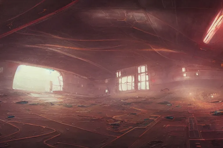 Image similar to A beautiful painting of inside in abandoned rusty space station from kindzadza, Trending on artstation.