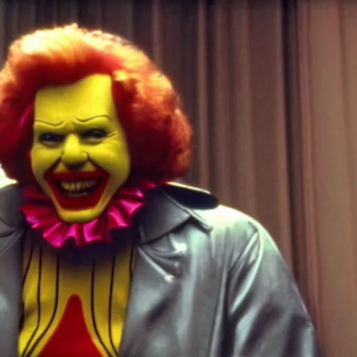 Image similar to A still of Ronald McDonald as a supervillain in a 1980s movie