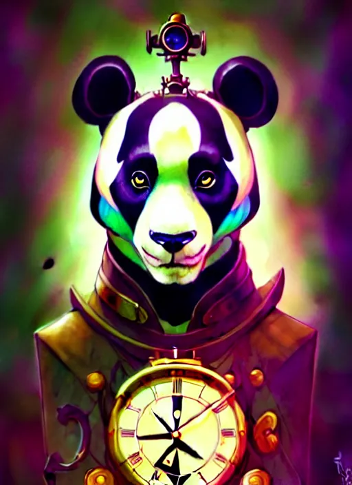 Image similar to don bluth, loish, artgerm, joshua middleton, steampunk, clockpunk anthropomorphic panda, full sailor suit, symmetrical eyes symmetrical face, colorful animation forest background