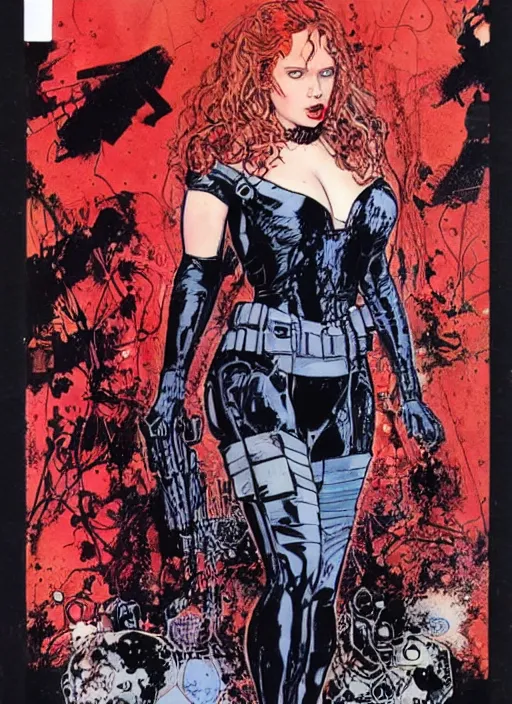 Prompt: comic cover art by david mack and michael kaluta, black widow full body, tight fit, vivid vector colors, russian female, perfectly symmetrical facial features, hyperdetailed, bleed, spatter, india ink, bill sienkiewicz