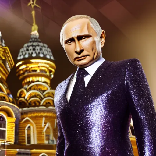 Prompt: Vladimir Putin with silver-violet hair, white eyes and golden glittery dress, wide lens, diorama, 4k,