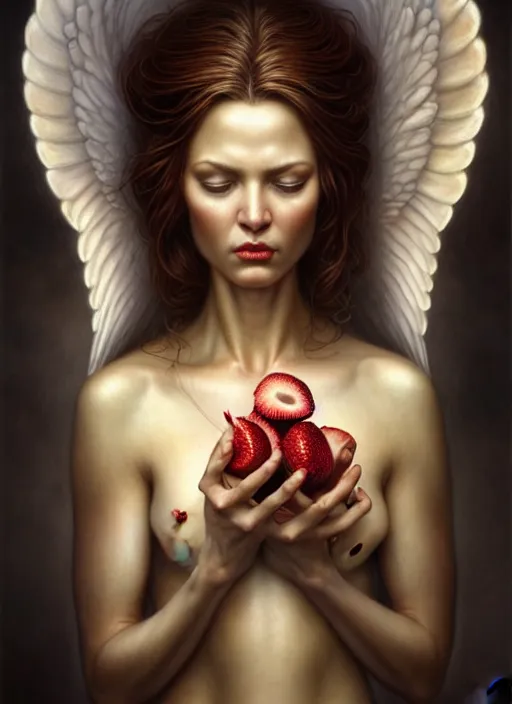 Image similar to woman as an angel holding fruits, fine art, intricate, elegant, highly detailed, realistic hair, centered, digital painting, art station, conceptual art, soft, sharp focus, illustration, artwork, artgerm, tomasz alen kopera, peter mohrbacher, donato giancola, wlop, boris vallejo