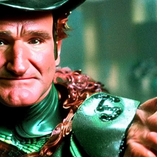 Prompt: A still of Robin Williams as the Riddler in Batman Forever