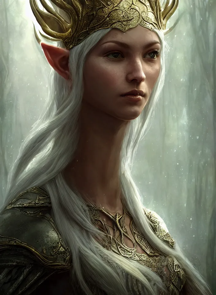 Prompt: a closeup portrait of an elven queen from skyrim wearing white mithril armor, fantasy setting, forest environment, serene colors, soft lighting, atmospheric, cinematic, moody, in the style of diego koi, gina heyer, luiz escanuela, art by alyssa monk, depth, hyperrealism, rule of thirds, golden ratio, oil on canvas, 8 k