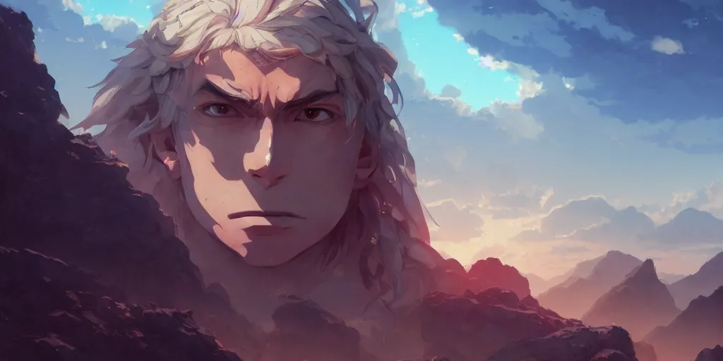 Image similar to ultra realistic, greek god, mountain, colors, 8 k, hd, details, fantasy, epic, ancient city, landscape illustration concept art anime key visual trending pixiv fanbox by wlop and greg rutkowski and makoto shinkai and studio ghibli and kyoto animation symmetrical facial features