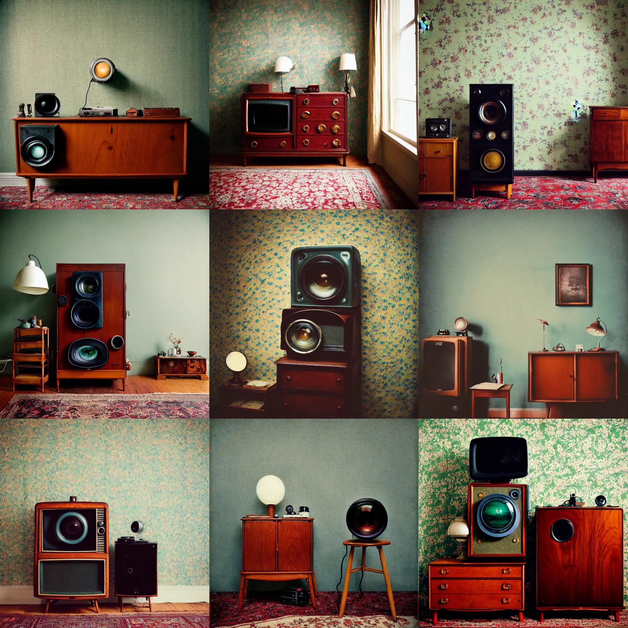 Prompt: kodak portra 4 0 0, wetplate, fisheye, portrait photo by britt marling, 1 9 2 0 s room, a giant vintage television, 1 9 2 0 s furniture, wallpaper, picture frames, carpet, shining lamp,, muted colours, blueberry, wood, fog,