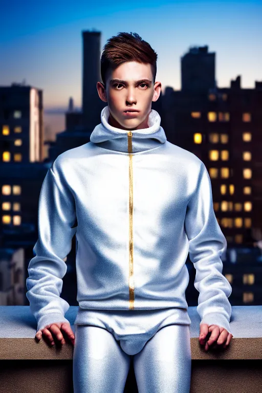 Image similar to un ultra high definition studio quality photographic art portrait of a young man standing on the rooftop of a british apartment building wearing soft padded silver pearlescent clothing. three point light. extremely detailed. golden ratio, ray tracing, volumetric light, shallow depth of field. set dressed.