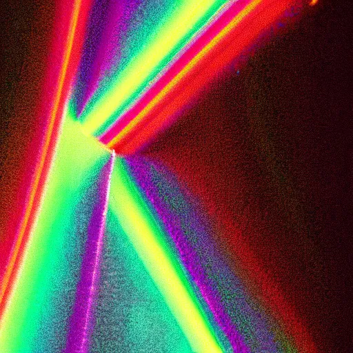 Prompt: black background, an holographic triangle being hit by a beam of light, emitting a rainbow, 1970s