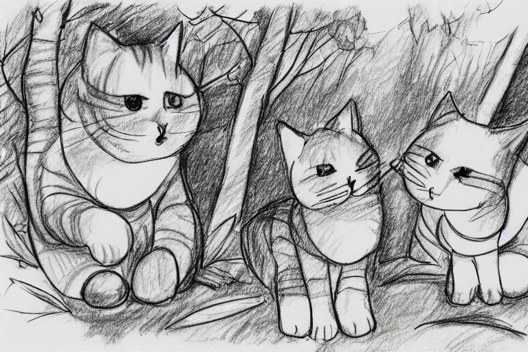 Prompt: a storyboard pencil sketch of two cats talking in the forest, black and white, rough sketch with erased lines