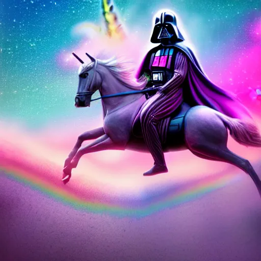 Image similar to beautiful matte painting, rainbow colored pink pink darth vader wearing pink wearing pink, riding a unicorn, riding a unicorn, riding a one-horned unicorn over a glittering rainbow, in psychedelic space, by lisa frank and dan mumford, octane render, HDR, vivid color, volumetric lighting, unreal engine, concept art, CGsociety, trending on artstation