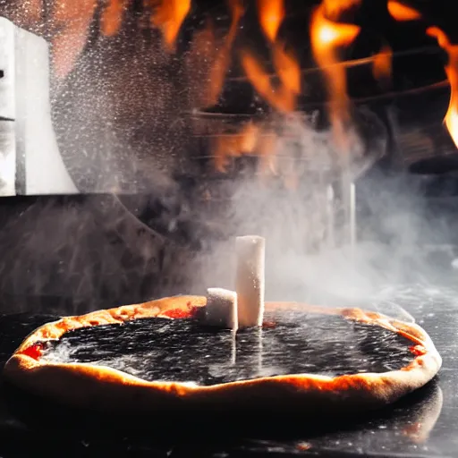 Prompt: Action photo of a pizza dough spinning in the air. The spinning pizza dough is hovering over the black reflective marble workbench. Flour dust in the air. Tomato and basil sitting on the workbench. Flames in the background. Backlit.