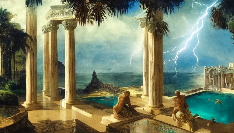 Image similar to Palace of the occult, mediterranean balustrade and columns, refracted sparkles, thunderstorm, greek pool, beach and Tropical vegetation on the background major arcana sky and occult symbols, by paul delaroche, hyperrealistic 4k uhd, award-winning, very detailed paradise