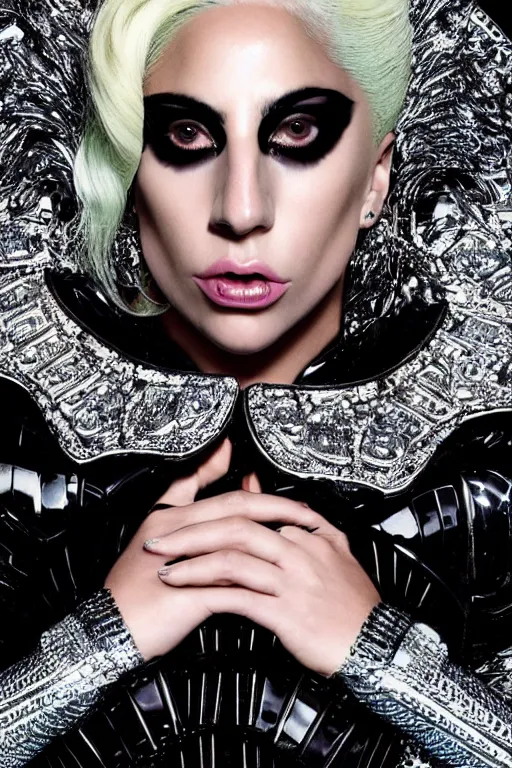 Image similar to very ashamed and angry lady gaga forced by gucci for modeling in gucci armor, luxury materials, symmetrical, cinematic, elegant, professional studio light, real dlsr photography, sharp focus, 4 k, ultra hd, sense of awe, high fashion