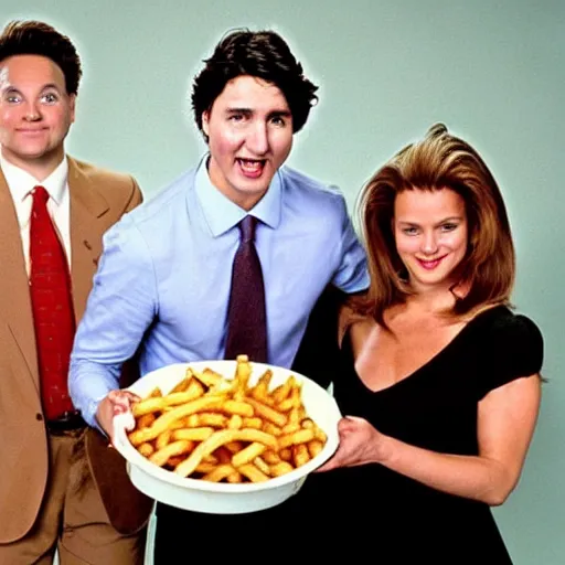 Prompt: Justin Trudeau holding authentic quebec poutine for a 1990s sitcom tv show, Studio Photograph, portrait