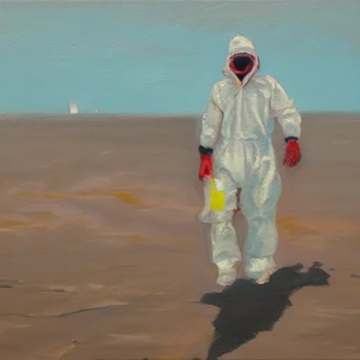 Image similar to a man in a hazmat walking on an abandoned beach, oil painting