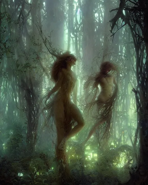 Prompt: my dream when soul leaving body, dryads standing near me in lingering made of plants and trees trying to catch soul that flying up to gods light ray from above, volumetric neon lights intricate details, by greg rutkowski, gaston bussiere