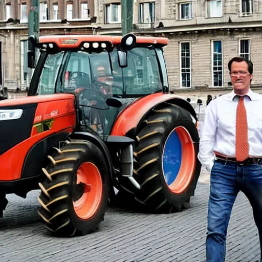 Prompt: mark rutte driving a tractor, as farmer, on dam square