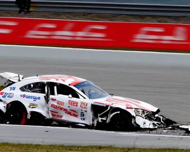 Prompt: Bobby 'Hot Take' Lee gets out of the car after a crash in turn 11. The driver is fine but the car is broken.