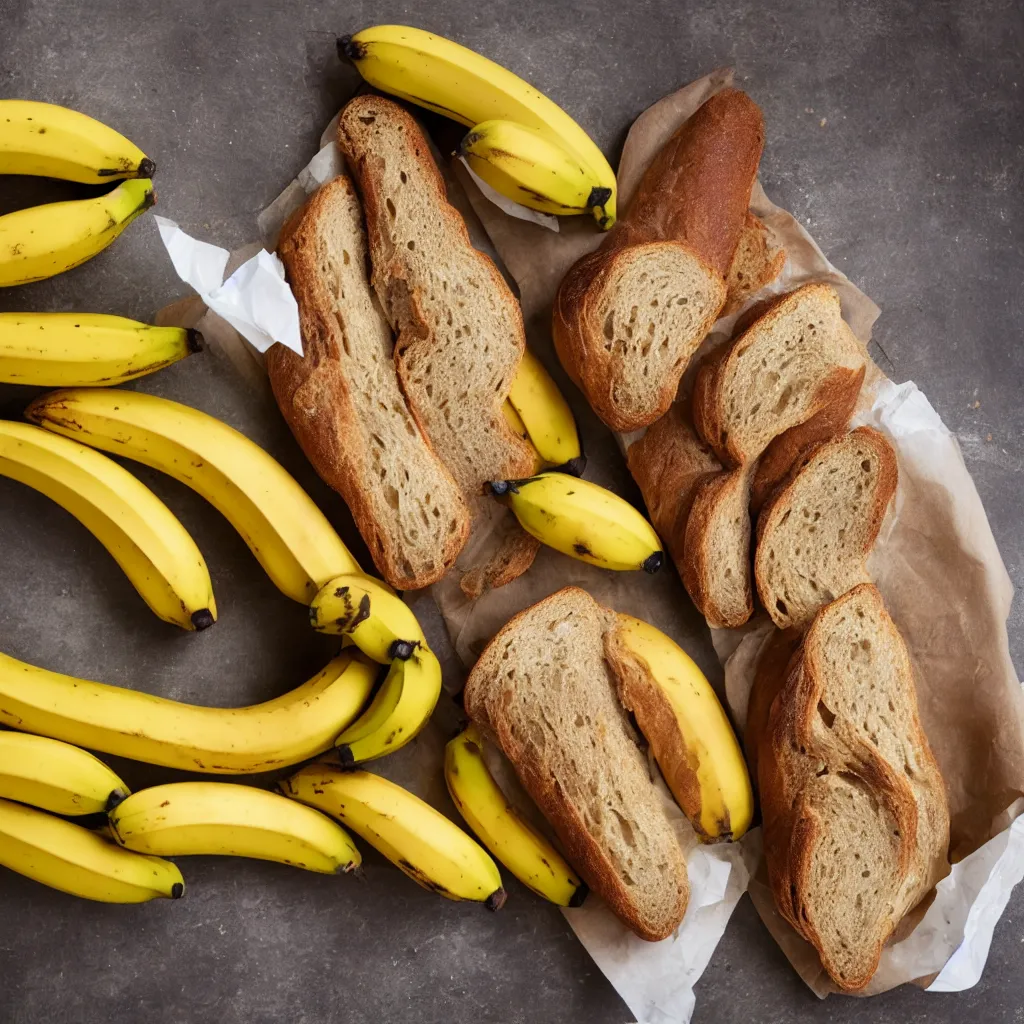 Prompt: bananas and bread bundled together with a paper banderole