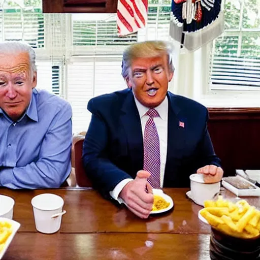 Image similar to photograph of trump and Biden sitting and eating breakfast at a Wafflehouse