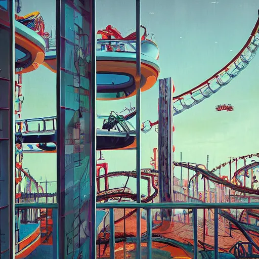 Image similar to a man standing in a futuristic penthouse apartment looking out onto an endless horror amusement park, artwork by simon stalenhag