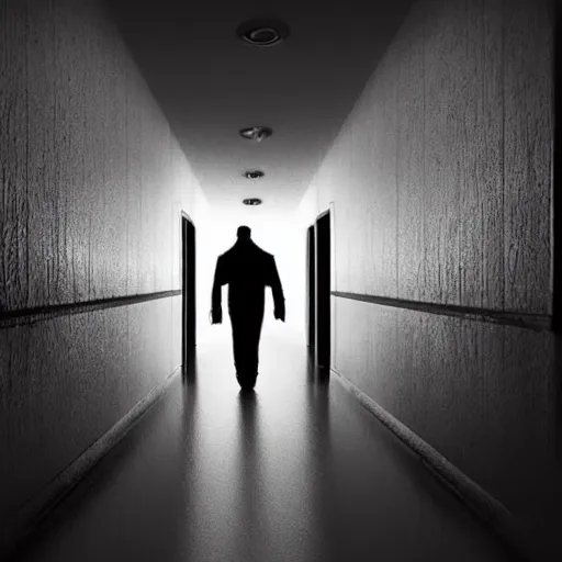 Prompt: a scary hallway that never ends that resembles a hospital with silhouettes of demons in the shadows, realistic, dark, horror, scary, eerie, obnoxious