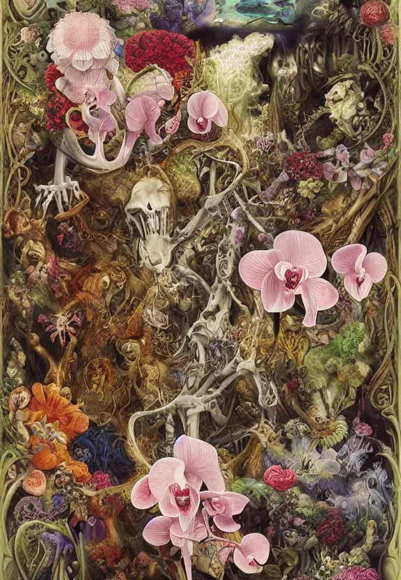 Image similar to simplicity, elegant, colorful muscular eldritch animals and bones radiating from fractal, orchids, dahlias, flowers, mandalas, white bones, by h. r. giger and esao andrews and maria sibylla merian eugene delacroix, gustave dore, thomas moran, pop art, chiaroscuro, biopunk, art nouveau