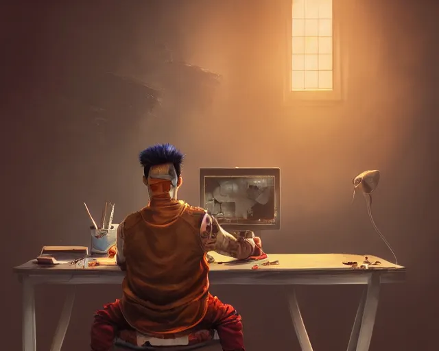 Image similar to an insanely detailed painting of an asian man wearing a homemade superhero costume, sitting at a desk, staring at the nervously at the computer and typing, in the style of peter mohrbacher, dramatic lighting and composition, surreal background, octane render, pixar, trending on artstation, concept art, comic book, view from behind