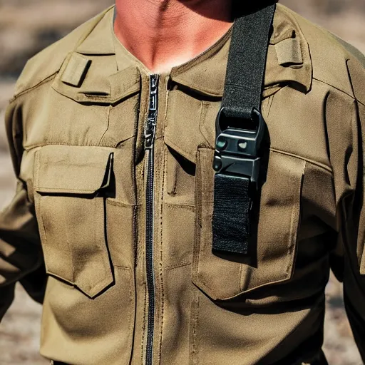 Prompt: tactical cargo buckskin shirt with tactical pouches