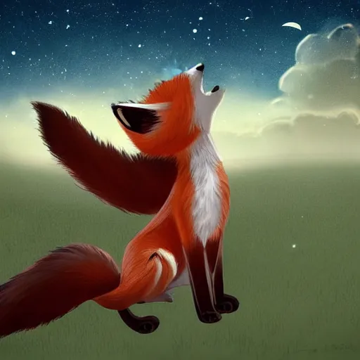 Prompt: furry fox looking up at the night sky with a telescope, fantasy, concept art