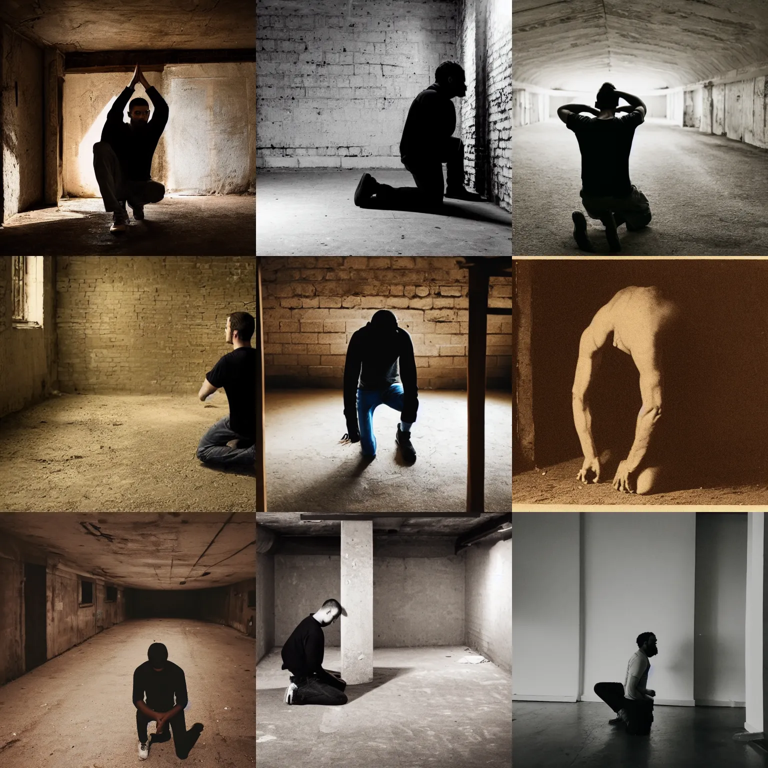 Prompt: a man kneeling with his hands behind his head in a basement