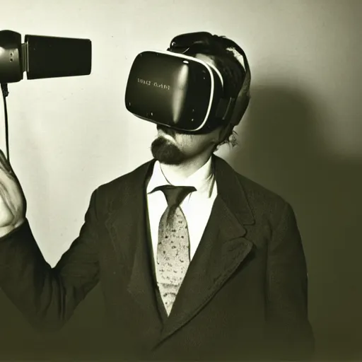 Prompt: vintage photo of a man from the 1800s using a vr headset, 35mm film