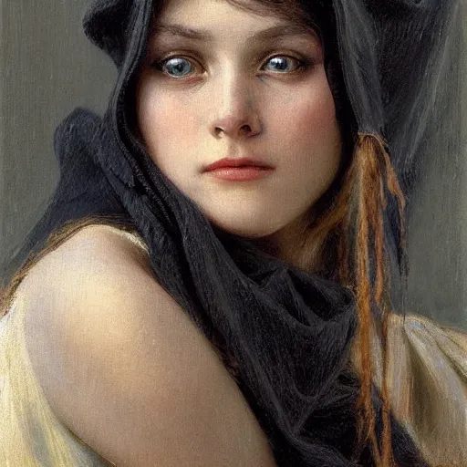 Prompt: portrait of a girl covered in scars wearing a black hood, extremely detailed painting by gaston bussiere and j. c. leyendecker 8 k