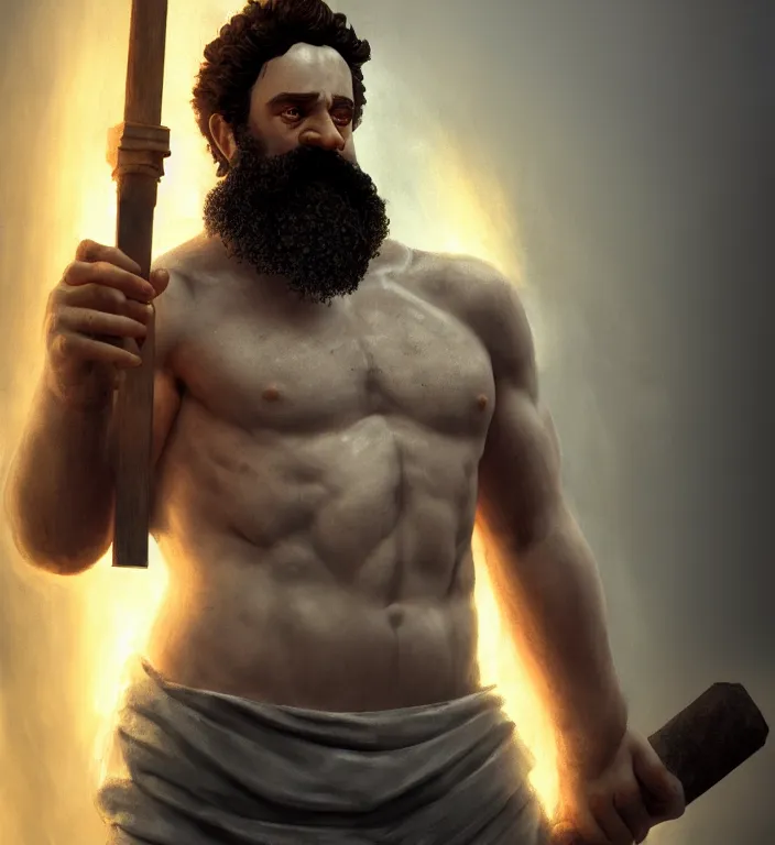 Image similar to masterpiece portrait of a greek god hephaestus, top lighting, holding forge hammer, creepy, disfigured, dslr, shallow depth of field, cryengine, lumion render, 8 k realistic hyper detailed, digital painting, artstation, concept art, ray tracing, realistic shaded