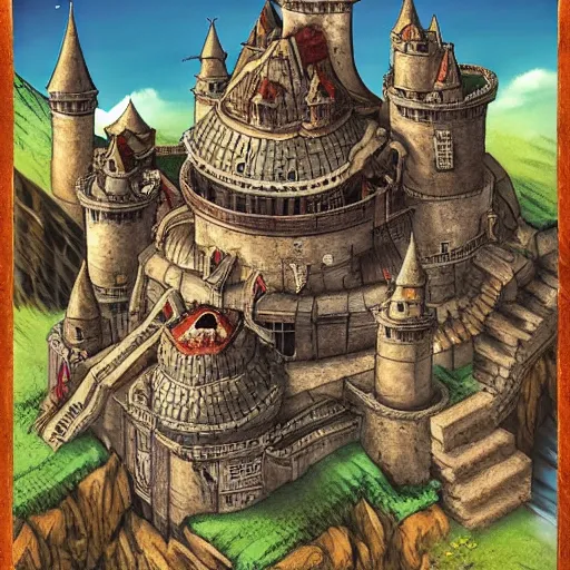 Prompt: large castle on top of a giant tortoise similar to howls moving castle, kaiju, mortal engine, fantasy, hyper detailed, realistic