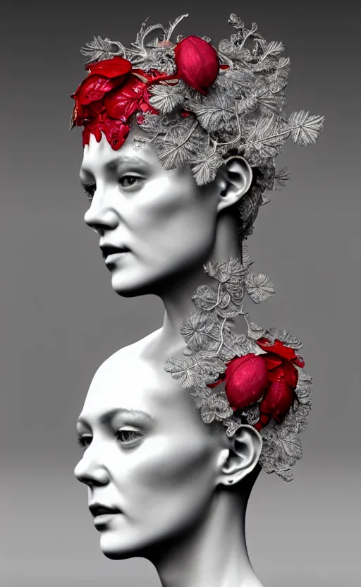 Image similar to complex 3d render ultra detailed of a beautiful porcelain profile woman face, mechanical cyborg, 150 mm, beautiful 3 point lighting, rim light, silver gold red details, luxurious magnolia with leaves and stems, roots, Alexander Mcqueen haute couture, fine foliage lace, mesh wire, filigran intricate details, hyperrealistic, mandelbrot fractal, anatomical, robotic parts, facial muscles, cable electric wires, microchip, elegant, octane render, 8k post-processing