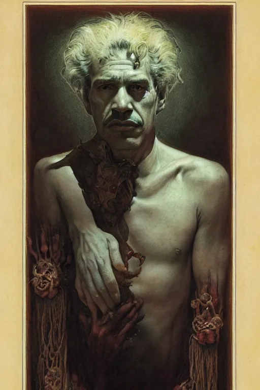 Image similar to a portrait of jose gregorio hernandez by wayne barlowe, gustav moreau, goward,  Gaston Bussiere and roberto ferri, santiago caruso, and austin osman spare, occult art