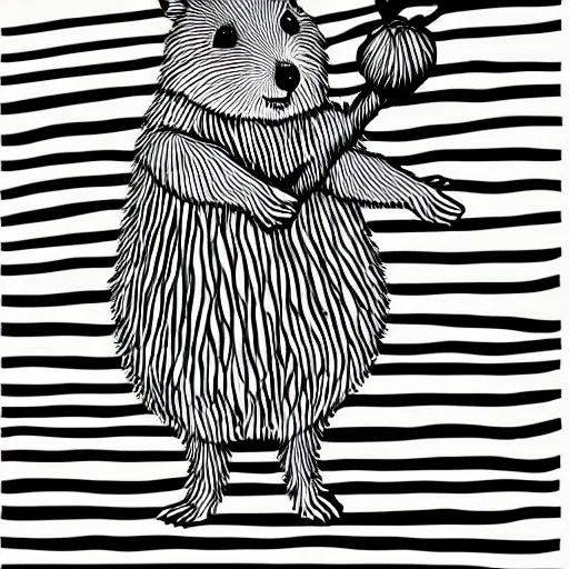 Image similar to monochromatic illustration of a happy quokka, monochrome, mono, one line, line drawing, unbroken, minimalist, no background, white space, white background, black and white