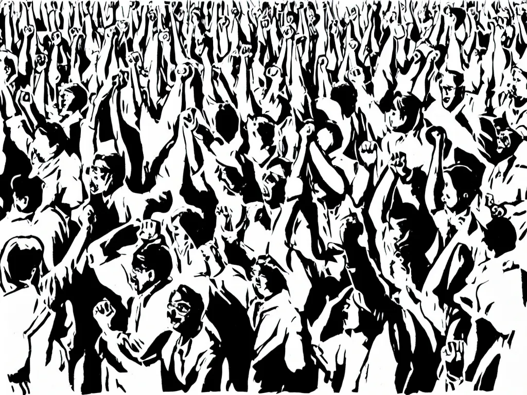 Image similar to black and white, high contrast, pop art of a group of workers raising their fists