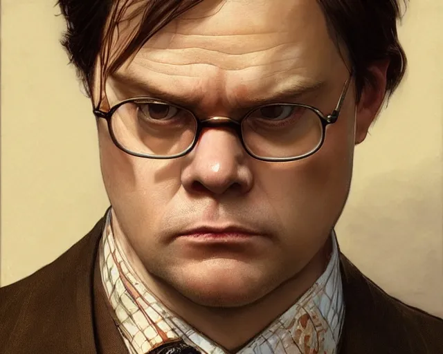 Image similar to close up of dwight schrute wearing a brown suit and necktie, focus, d & d, intricate, elegant, highly detailed, digital painting, artstation, concept art, matte, sharp focus, illustration, hearthstone, art by artgerm and greg rutkowski and alphonse mucha