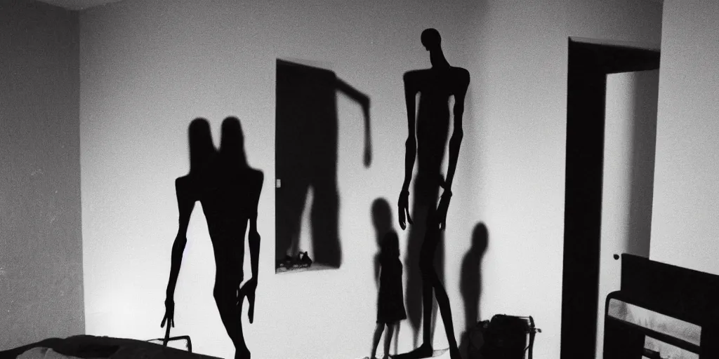 Image similar to extremely tall skinny humanoid monster in the corner of a young girls room, darkness, night