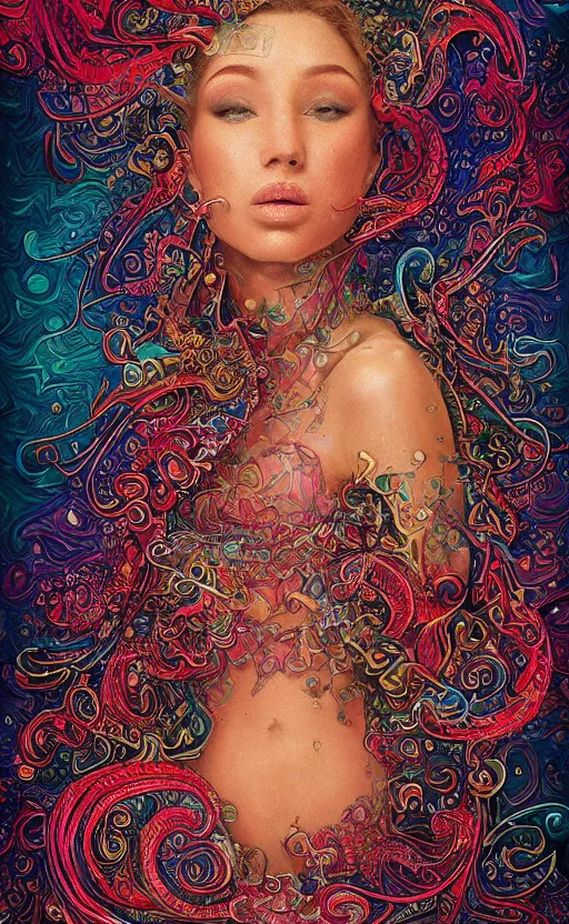 Image similar to detailed intricate amazing poster for a weird, euphonious and lamprophony beautiful woman on onlyfans in a turbulent ocean, by keith beltramini and tim white. pointillism. hypermaximalist. beautiful arabic patterns. unreal engine. trending on artstation.