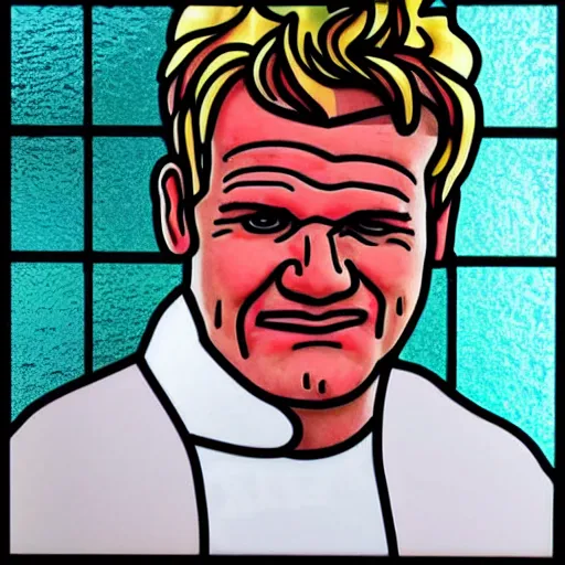 Prompt: Gordon Ramsay portrayed as a very very realistic stained glass window