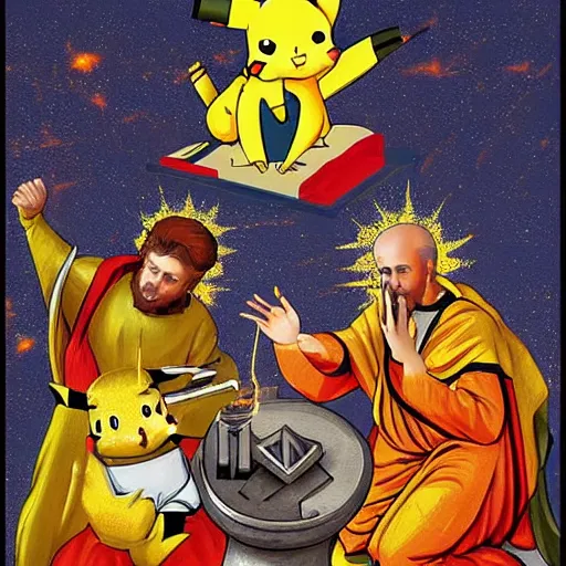 Image similar to digital art, trending on artstation, pikachu firing a thunderbolt at the holy family from barcelona