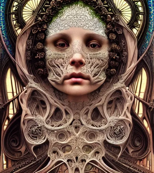 Image similar to hyperrealistic detailed face portrait of a beautiful young goddess morphing into a gothic cathedral, authentic ornamental architecture, intricate and highly detailed, awe inspiring art by ernst haeckel, h. r. giger, alphonso mucha, android jones, james jean, gothic, neo - gothic, heavily ornamental, nice deep colours,