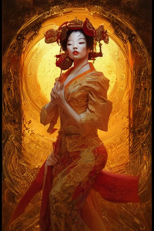 Image similar to tarot card artstation, portrait of a geisha love dancer, sunrise, baroque ornament and rococo ornament, ancient chinese ornate, hyperdetailed, beautiful lighting, craig mullins, mucha, klimt, yoshitaka amano, red and gold and orange color palette